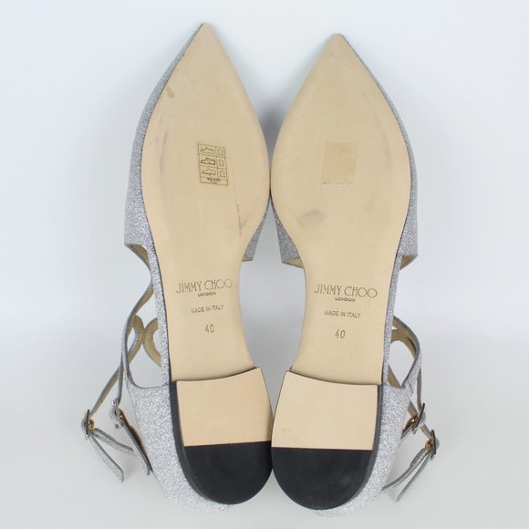 New JIMMY CHOO Silver Glitter Cutout Pointed-Toe Sandals | Bridal, Gala, Party - Picture 14 of 15